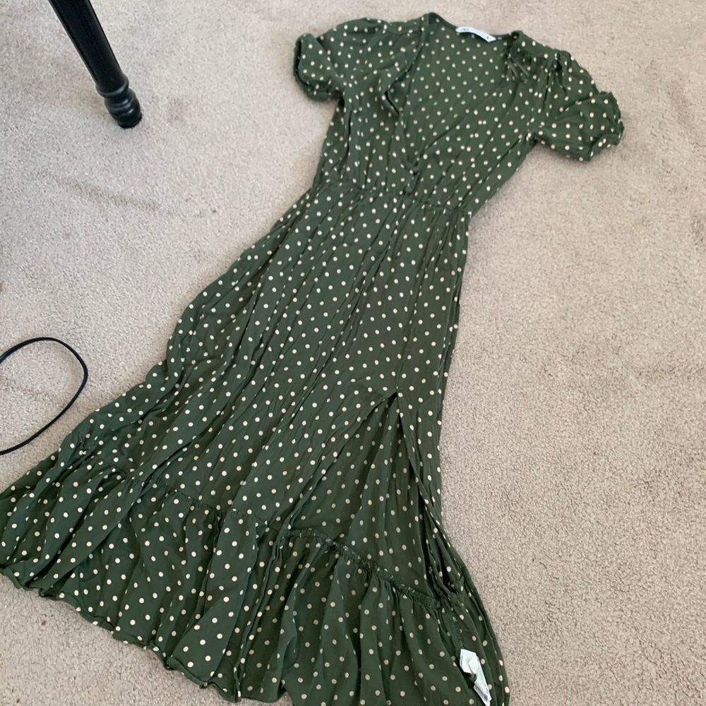 Zara green dot long dress size xs v neck maxi
